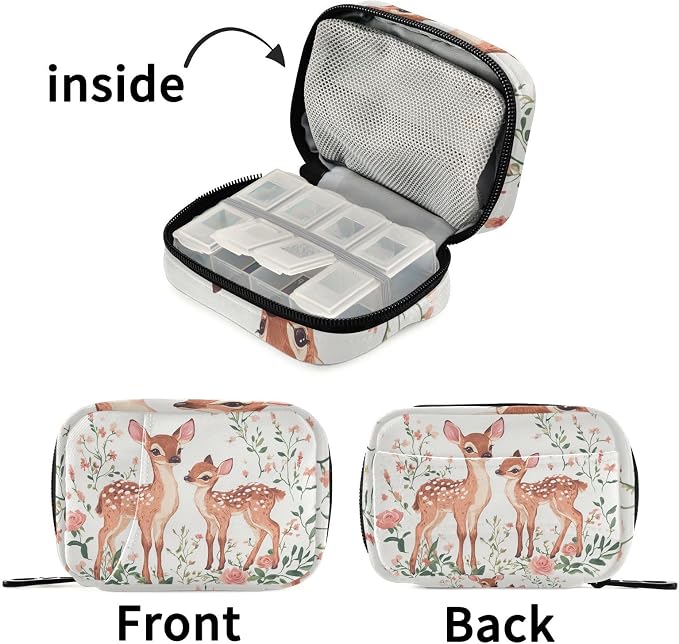 Fustylead Lovely Retro Fawn on Floral Background Travel Pill Case Bag with Zipper Weekly Pill Box 8 Compartments 7 Day Personal Pill Case Purse Medicine Case Organizer