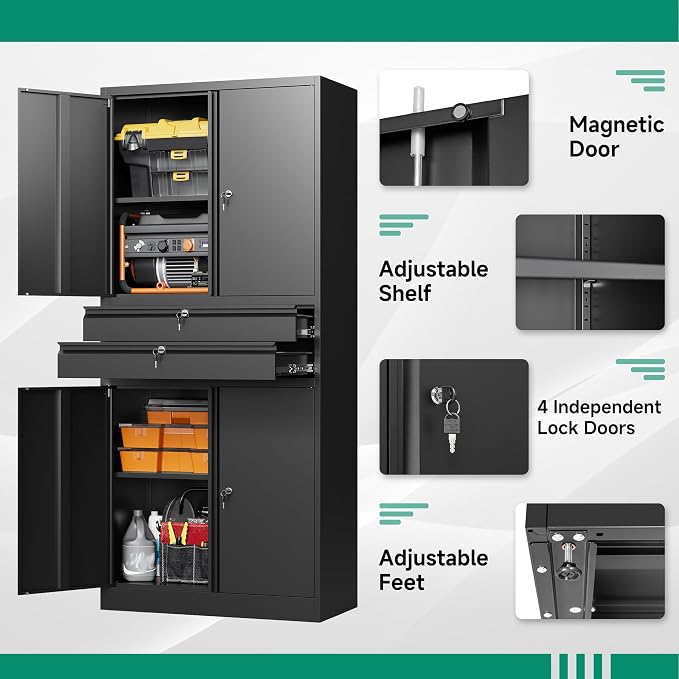 Metal Garage Storage Cabinet,71" Heavy Duty Steel Tool Cabinet with 4 Door Lock-Adjustable Shelves and 2 Drawer for Garage Home Office Utility Room (Black)