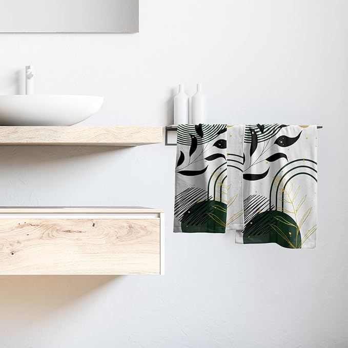 Giwawa Boho Leaf Hand Towel Set of 2 Mid Century Abstract Green Line Sun Face Fingertip Towel Quick Dry Dish Wash Cloth for Hotel Bathroom Gym Home Spa Decor