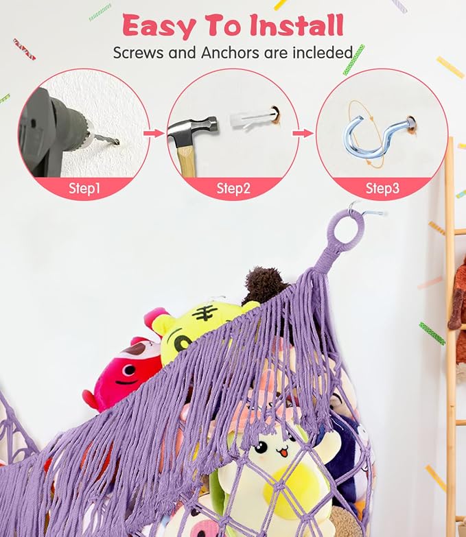 Stuffed Animal Hammock - Extra Large 63'' Long (Lavender) | Premium Cotton Hand-knitted, Beautiful Long Tassel, Storage Hanging Organizer, Can Fit Stuffed Animals 40 Piece or More