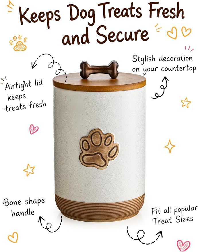 Miamolo Dog Treat Container Airtight Jar with Lid, Keep the Pet Treat Fresh | 8 Cups Small Dog Food Storage Container for Counter | Ceramic Farmhouse Dog Biscuit Jar | Dog Lovers Gift, Paw Glinting White