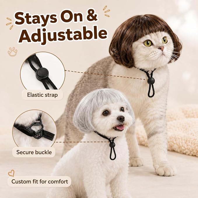Funny Dog Wigs and Cat Wig Set, 6 Pack Pet Costume Hairpieces | Adjustable Pet Costume Hairpieces with Elastic Strap, Soft Breathable Cosplay for Small Medium Dogs Cats Halloween Party