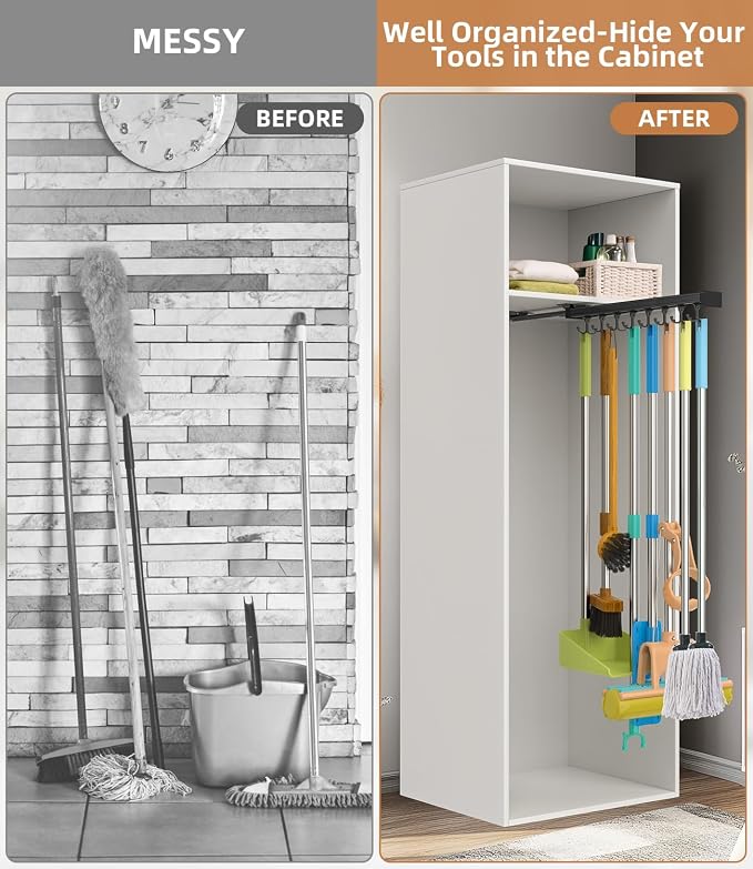 Pull Out Broom Holder With Adjustable Double Row Sliding Hook-Black 18.11in | High Load Capacity, Multifunctional Slide Broom And Mop Storage/Garage Organization Hooks, for Closet Laundry, kitchens