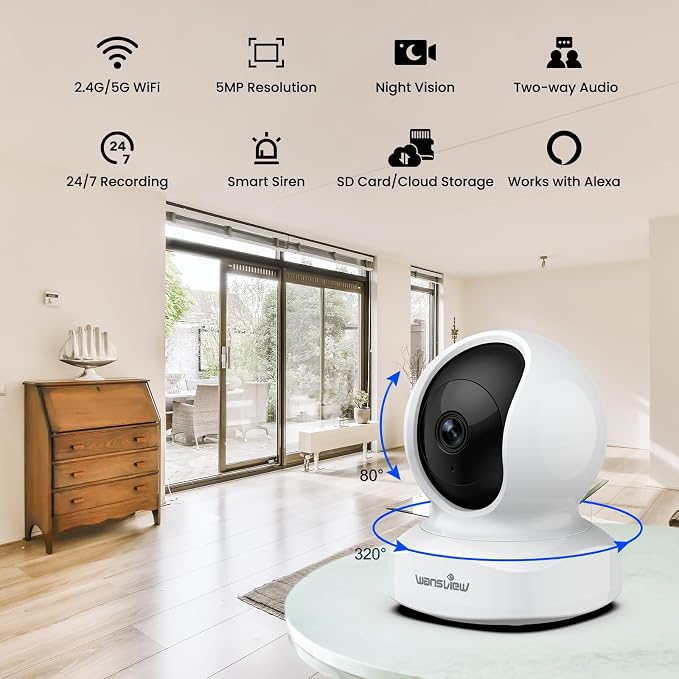 wansview Indoor/Baby/Pet Camera with Phone App, 5G&2.4G Wi-Fi, Q5 5MP White
