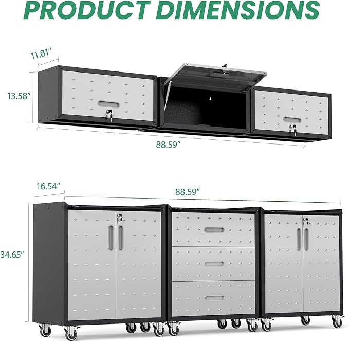 Garage Cabinet System | Heavy Duty Steel All-in-One Modular Garage Cabinet Set for Ultimate Workshop Organization | Easy Assembly Garage Storage Cabinets & Tool Bench