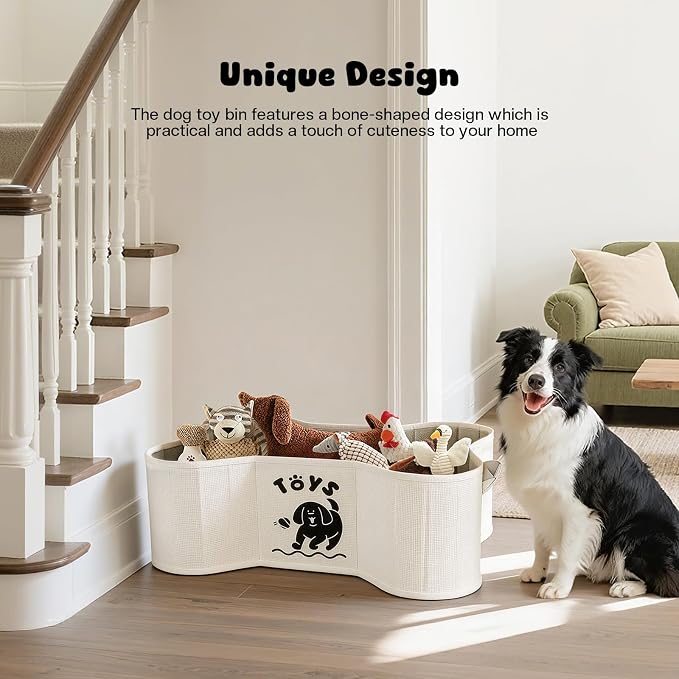 39L Dog Toy Basket, Collapsible Dog Bone Baskets for Toys, Dogs Storage Organizer with PU Handles, Pet Toys Basket with Bone Shape Design, Toy Baskets for Dogs, Gray, 22" x 14.4" x 7.5", Beige