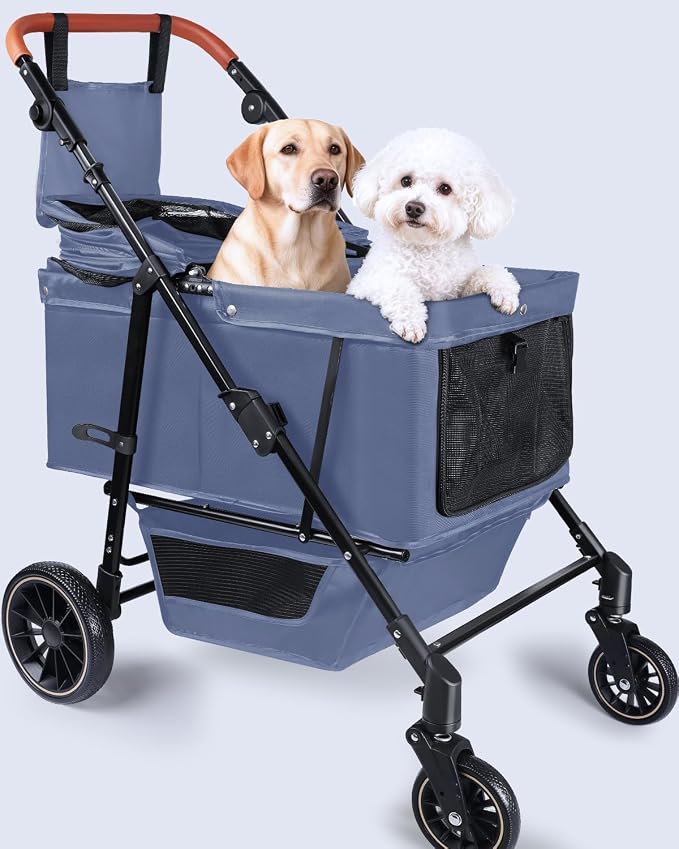 Dog Stroller for Large & Medium Dogs, Pet Stroller for 2 Small Dogs, Extra Large Heavy Duty, Foldable Design, Adjustable Handle, with Pocket, Up to 66lbs(Navy Blue)
