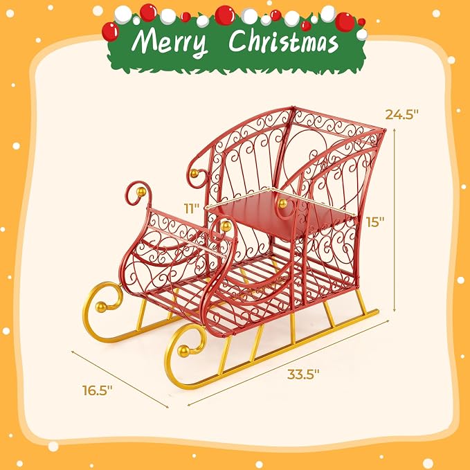 Metal Santa Sleigh, Red Christmas Decoration Sleigh Cart w/ 2-Tier Large Cargo Area for Present, Santa’s Gift Sleigh for Home Lawn Yard, Outdoor Christmas Sleigh Basket for Holiday (Hollow)