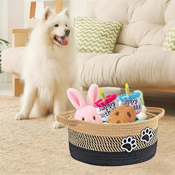 Small Woven Cotton Rope Nursery Organizer Bins, Dog Toy Basket Bins with Handle, Cute Empty Pet Gift Storage Baskets with Paw