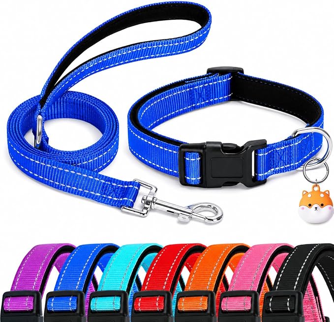 Reflective Soft Neoprene Padded Matching Dog Collar with Leash Airtag Holder Case Set Safety Breathable Adjustable Nylon Dog Collars for X-Small Small Medium Large Dogs-Navy Blue-L
