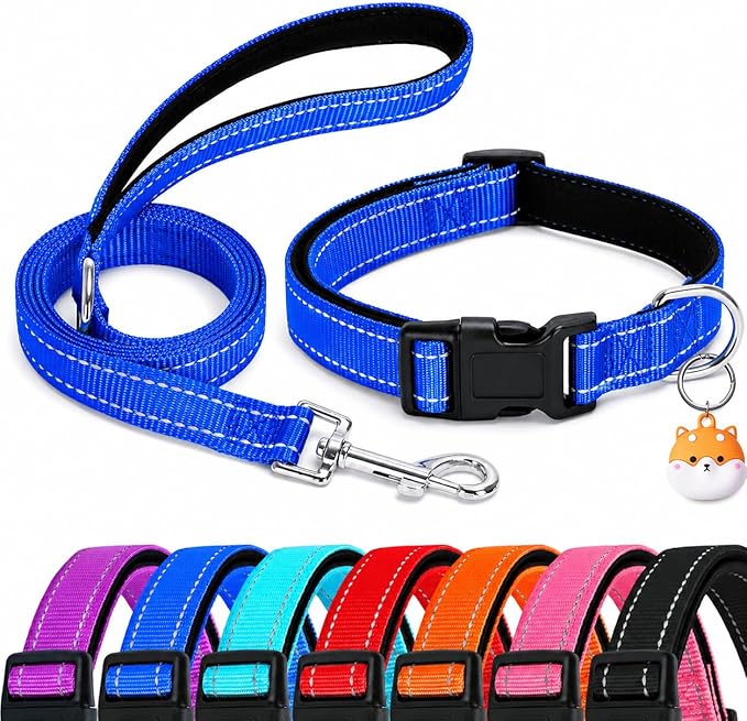 Reflective Soft Neoprene Padded Matching Dog Collar with Leash Airtag Holder Case Set Safety Breathable Adjustable Nylon Dog Collars for X-Small Small Medium Large Dogs-Navy Blue-XS