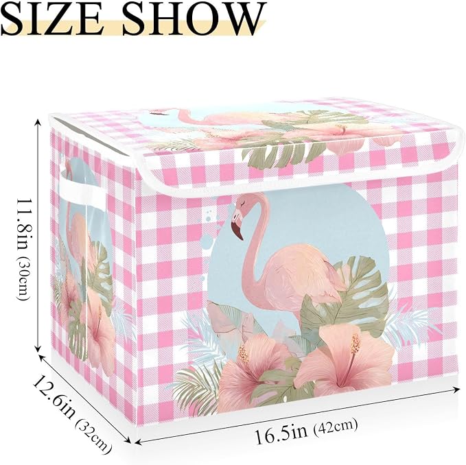 Fabric Storage Bins with Lid Flamingo Foldable Storage Boxes 40L Baskets | Decorative Storage Boxes, 300D Oxford Cloth, Hollow Board Frame, Flip Top Velcro Lid, 16.5x12.6x11.8 inch, Collapsible Design