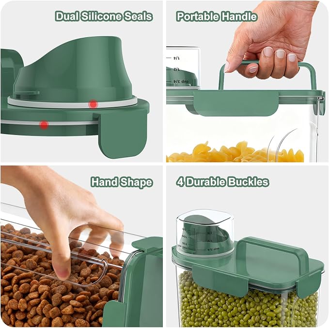 Uppetly Dog Cat Food Storage Container, 5-7Lbs Pet Food Containers, Airtight Cat Food Container with Portable Handle & Measuring Cup, Small Animal Dry Food Dispenser for Dogs, Cats and Birds Green
