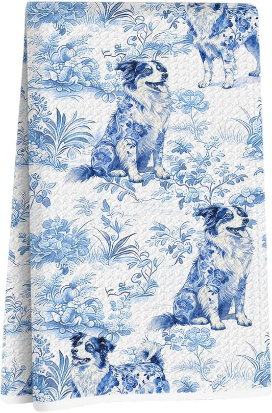 Chinoiserie Border Collie Kitchen Towels 24x14 Inch, Border Collie Gifts Reusable Dish Towels for Kitchen Decor, Blue and White Floral Waffle Weave Botanical Hand Towel, Funny Dog Gifts for Women Mom