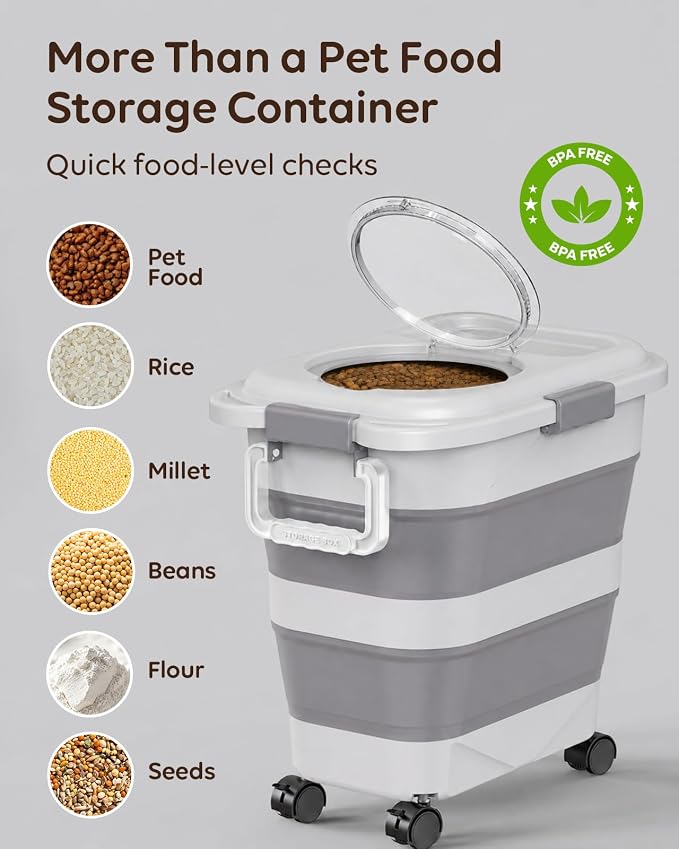 Collapsible Dog Food Container for 10-25 lbs, Airtight Storage Bin | Magnetic Clear Lid with Scoop & Wheels, Space-Saving Design for Dog & Cat Kibble, Rice, Flour,Grey