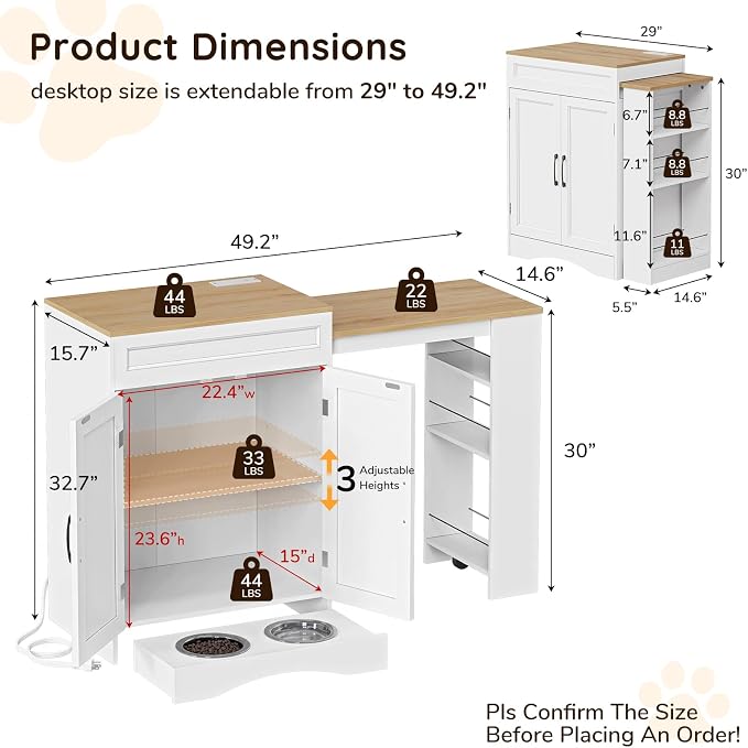 Furnaza 49.2" Dog Food Storage Cabinet with Power Outlets and Hidden Bowls | Wood Kitchen Island with 3-Tier Shelf ,Pull-Out Countertop,Pet Feeding Station for Small Space, Kitchen, Living Room,White