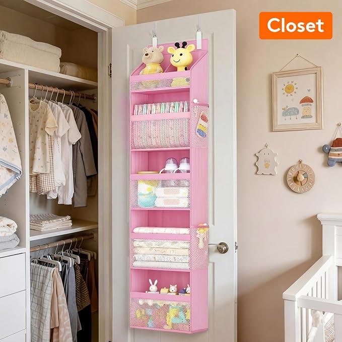 Lifewit 5 Tier Over the Door Organizer, Diaper Hanging Storage, Pink | Nursery Sturdy Large Heavy Duty Back of Door Shelf with 4 Mesh Side Pockets, for Baby Stuff Toy in Pantry, Laundry, Bathroom