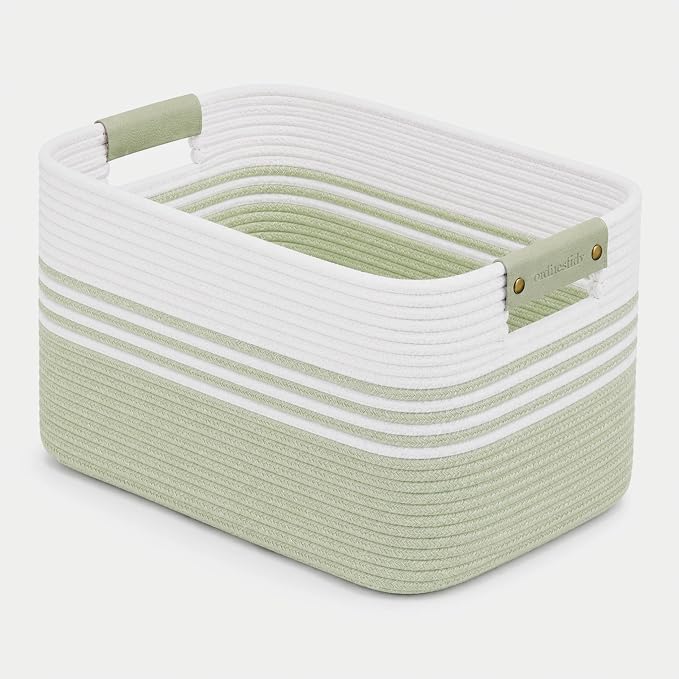 25.4GAL Collapsible Cotton Rope Extra Large Storage Basket For Bedroom Closet, Boho Rectangular Short Hamper Woven Storage Baskets for Living Room Throw Pillows Blankets Dirty Clothes, White Green