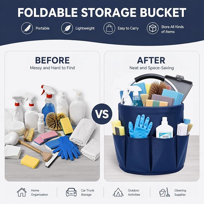 Cleaning Caddy with Handle, 17L Foldable Storage Basket, Heavy Duty 600D Oxford Cloth Organizer, Portable Supply Bag, Multi-Purpose Supplies Caddy for Home, Bathroom, Kitchen, Garden - Dark Blue