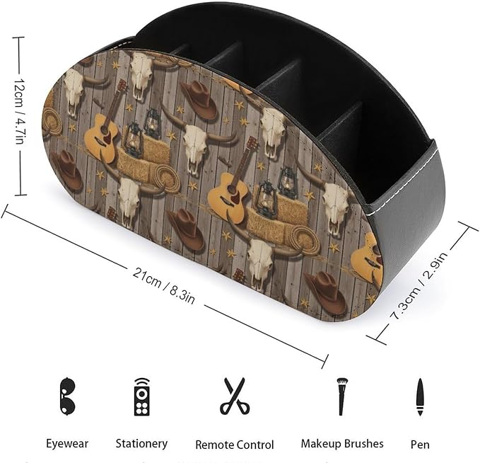 TV Remote Control Holder Cowboy Skull Cactus 5 Compartment Table Organizer | PU Leather Desktop Caddy Box, Western Skull Cowboy Cow Hat Boots Guitar Cactus, for Media Player, Stationery Accessories