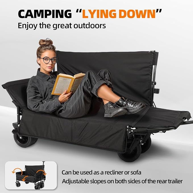 Collapsible Folding Wagon, 440LBS Heavy Duty Utility Carts,Reclining Camper,Expandable Storage，Padded and Wheeled, All Terrain Wheels, Great for Camping, Outdoors, Shopping, Portable,150L Large Wagon