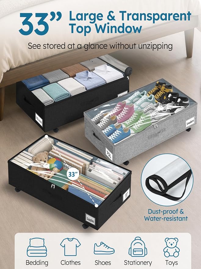 10-in 75L Low Profile Under Bed Storage with Wheels, 2 Pack,Black | 5 Rotating Wheels, Large Clear lid, Rigid Sides & Bottom, Low Space Storage, Under Bed, Couch, Crib, Dorm Organization