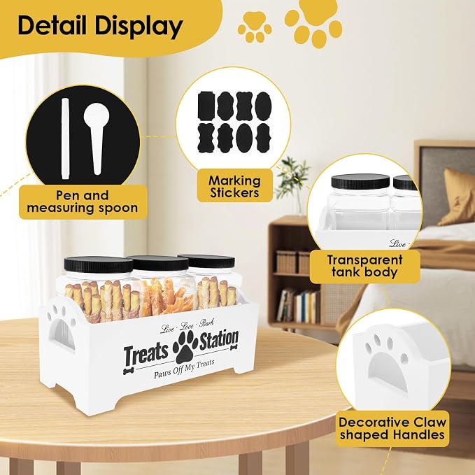 Dog Treat Container for Countertop Dog Food Storage with 3 Plastic Treat Jars Wood Dog Food Container with Handles and Lids Farmhouse Practical Pet Cat Dog Treat Storage Containers (white)