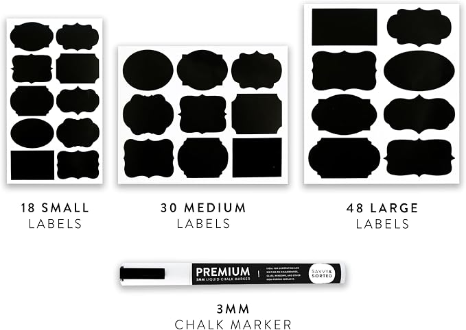 96 Chalkboard Labels for Storage Bins, Chalkboard Stickers with Chalk Maker, Chalk Labels for Kitchen Containers Organizing, Removable Black Food Pantry Jar Label Stickers for Glass Bottles