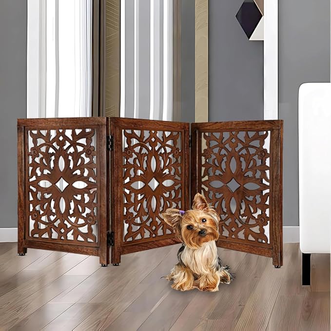 “Lightnpro Wooden Pet Gate – Decorative Carved Foldable Dog Fence, Extra-Wide Freestanding Indoor Safety Gate for Small Dogs – 24x54 Inch Natural Burnt Finish”