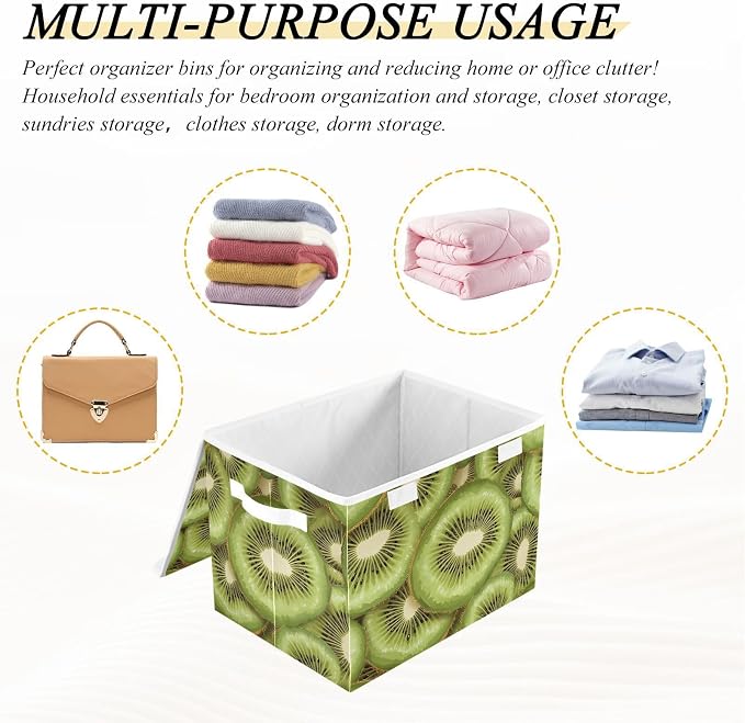 Fabric Storage Bins with Lid Fresh Kiwi Slice Closet Storage Basket 40L | Decorative Storage Boxes, Dust-Proof Flip Top, Reinforced Handles, For Home & Bedroom, Clothes & Toy Box, Oxford Fabric Print