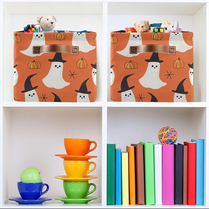 Kigai Storage Basket, Fabric Collapsible Closet Organizer Bin | Halloween Boo Waterproof Foldable Canvas Basket with Handles for Shelves, Nursery, Closet, Bedroom & Bathroom