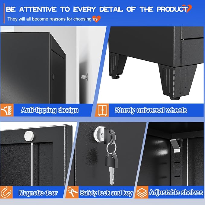 GAIOUS Tall Metal Storage Cabinet with Lock, 2 Doors Freestanding Steel Bookcase with Adjustable Shelves, Heavy Duty Lockable Office Filing Cabinet, Home Garage Utility Pantry Organizer Cabinet, Black