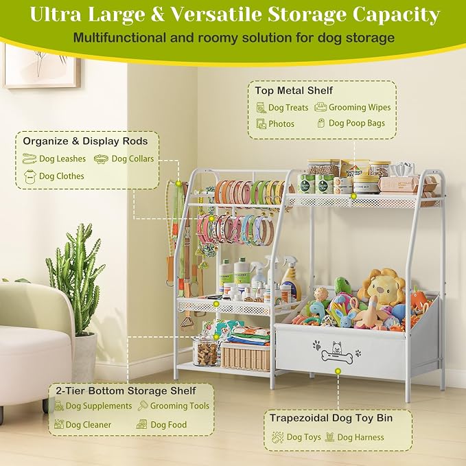 Large Dog Toy Basket with Dog Storage Organizer, Trapezoid Dogs Toy Bin Box with Collar Leash Holder Hook, Toy Holder Chest Pet Storage Cabinet for Living Room, Dogs Essentials for Pet Lovers Gift