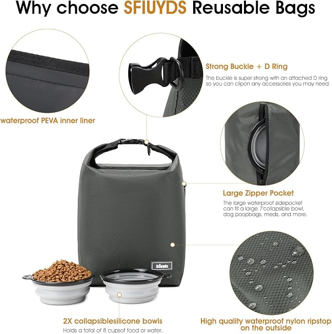 Travel Dog Food Container Pet Food Storage Bag Containers 2PCS Collapsible Travel Dog Bowls Waterproof Camping Storage Essentials Kibble Carrier 20L Easy to Clean (Grey, Small)