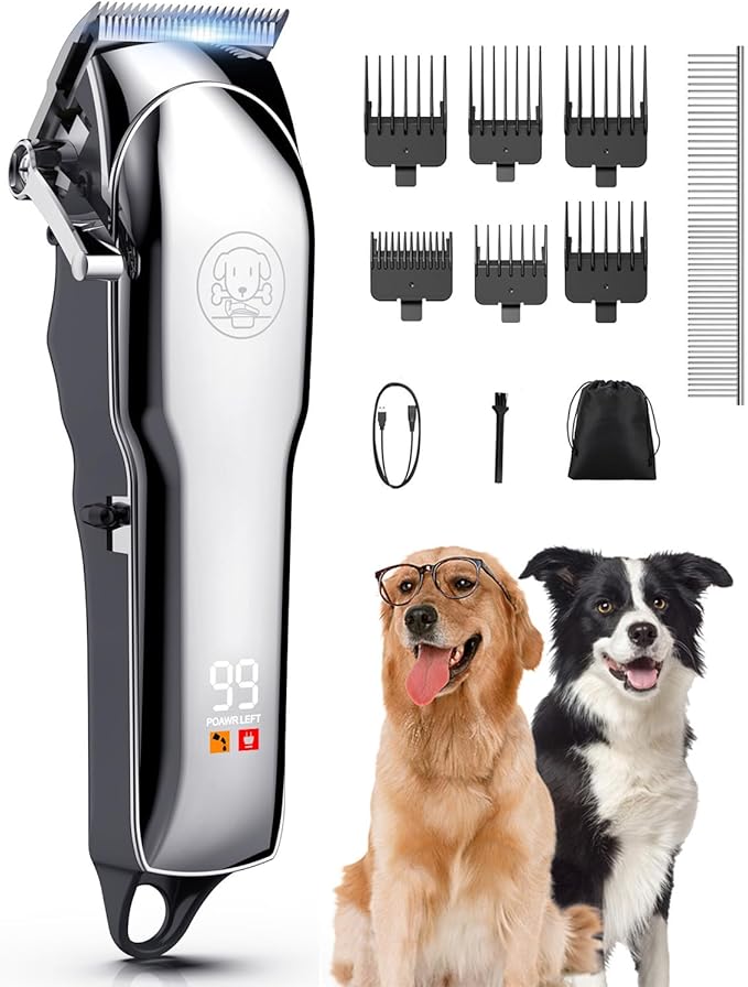 Cordless Dog Clippers for Grooming Professional for Thick Hair Coats, Low Noise Shaver Pet Grooming Kit with LED Display, Razors Dog Hair Shears Ceramic Blade, Pet Hair Trimmer for Dogs Cats (MS041)