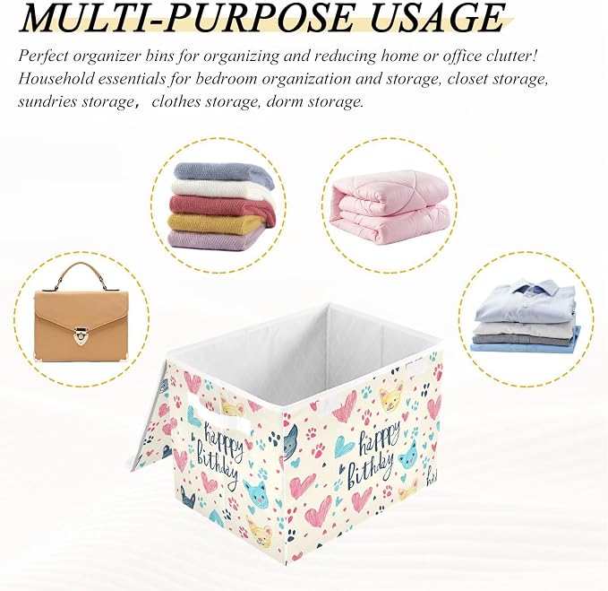 Birthday Gift Fabric Storage Bins with Lid Foldable Storage Boxes Baskets | Decorative Storage Boxes, Foldable & Stackable, Dust-Proof Flip Top, Reinforced Handles, For Home & Dorm, Clothes & Toy Box