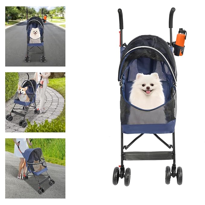 2 Wheels Pet Stroller, Foldable Pet Strolling Cart with Storage Basket and Cup Holder, Puppy Kitty Stroller with Weather Cover, Travel Gear for Medium Small Dogs and Cats Under 22lbs (Blue)