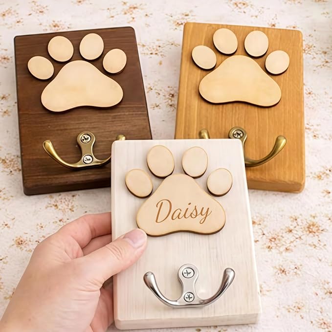 Personalized Wooden Pet Leash Hook, Custom Engraved Dog Name Hook Rack Pet Collar Wall Mount Organizer Gift for Dog Lovers