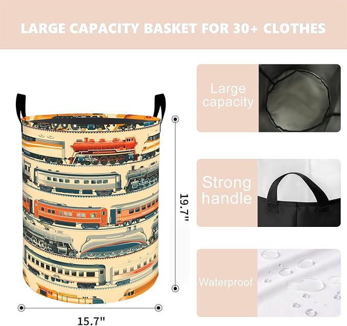 Vintage Train Laundry Basket Hamper 19.7"x15.8", Organizer Bins Gifts for Kids Boys Girls, Locomotive Railway Foldable Waterproof Oxford Clothes Storage Bucket for Bedroom Bathroom Decor