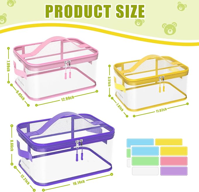 8 Pack Large Clear Toy Storage Bags with Labels, Handles, Zippers, L+XL+XXL | Large Capacity, Transparent PVC, Waterproof Dustproof, Space-saving, Portability for Building Blocks, Puzzle, Dolls, Travel