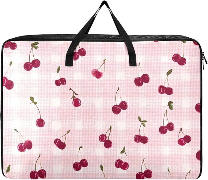 Comforter Storage Bags Large Folding Blanket Organizer Bag with Strong Handles Clear Window Closet Storage Containers for Clothes King Queen Pillows Bedding Quilt Duvet Pink Gingham Cherry