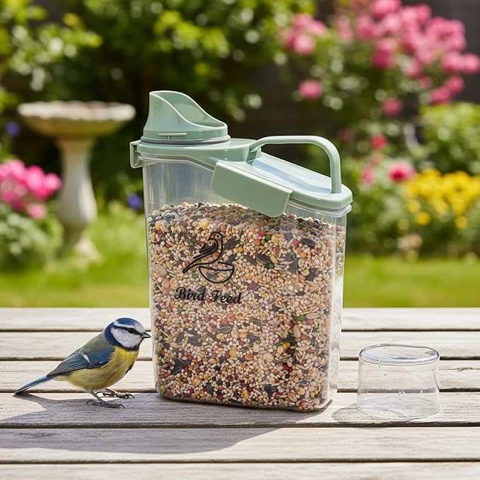 Bird Seed Storage Container Portable-3 Qt/2.8 L Clear Bird Food Container with Spout,Airtight Wild Bird Seed Dispenser for Storing Sunflower Seed|Squirrel proof|BPA Free-Green