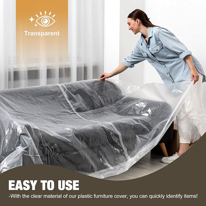 2 Pack Clear Plastic Moving Sofa couch Furniture Storage Covers | Extra Large 92x 62 x 42 Inch Moving Bags, With Label, Waterproof, Dust Proof