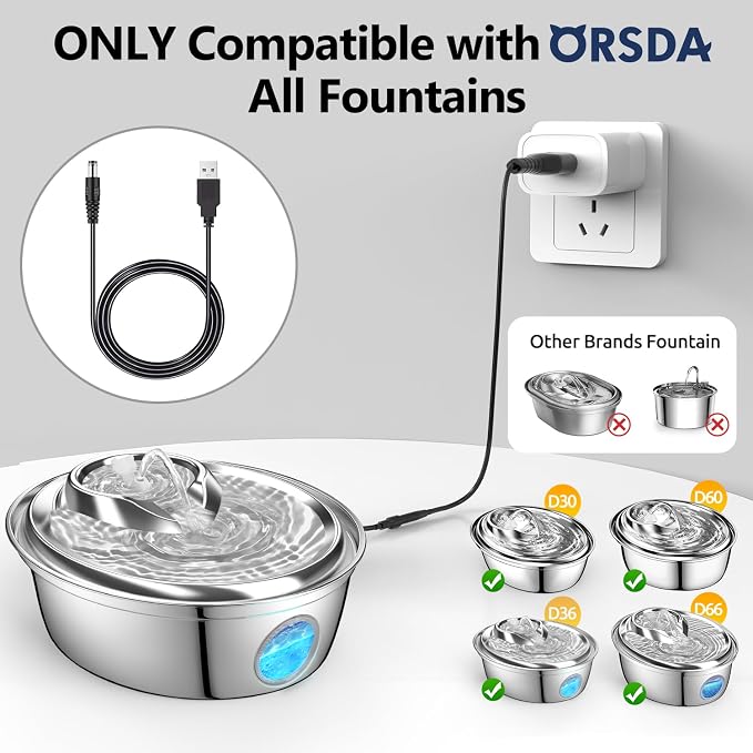 ORSDA Cat Water Fountain Parts Power Cord Replacement ONLY for ORSDA All Pet Fountains D30 / D60 / D36 / D66 - Not for Other Brands Fountain (Power Cord)