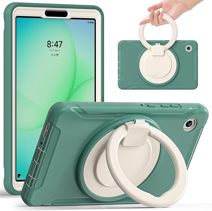 Heavy Duty Shockproof Case for Samsung Galaxy Tab A11 8.7 Inch 2025 (Model: SM-X133/X135/X135F) - with 360° Rotating Stand Handle, Built-in Screen Protector,Kid-Friendly Protective Cover (Green F)