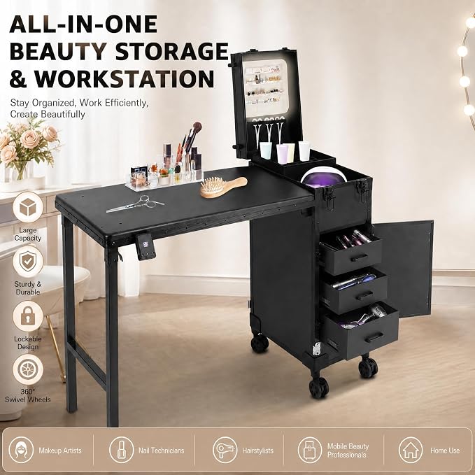 Rolling Makeup Case with 3 Drawers, Portable Manicure Table Lockable Makeup Train Case with Foldable Portable Nail Desk Cosmetic Travel Case with LED Light & Key for Hair Barbers/Stylists