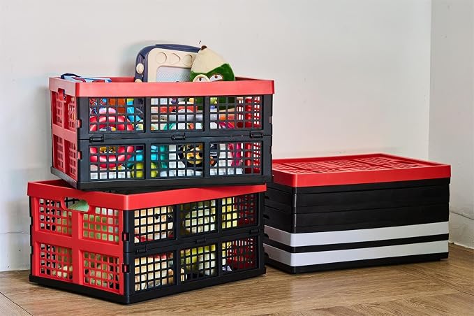 Aebeky 3-Pack Plastic Collapsible Storage Crates-30L,Foldable Plastic Crates for Storage (Black+Red)