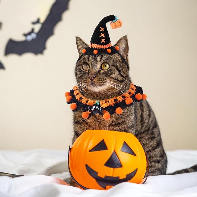 Kunyeah Halloween Pet Costume Set for Cats Small Dog Adjustable Knitted Hat Scarf Pumpkin & Witch Print Puppy Bib Cute Crochet Cat Collar Cap Pet Apparel Outfit (Orange-Ball)