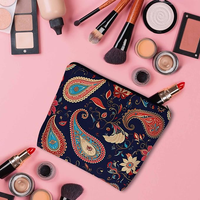 Makeup Bag For Purse Paisley Floral, Ethnic Tribal Floral Paisley Boho Cosmetic Bags For Women With Zipper Travel Toiletry Pouch Makeup Bags Makeup Organizers Purse For Toiletries Cosmetics