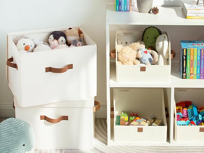 StorageWorks Fabric Storage Bins with Lids, Closet Storage Bins | Flip-Top Lid, 3 Handles, Collapsible, Stackable, for Clothes Blankets, Multi-Purpose, Large, Ivory White, 2-Pack